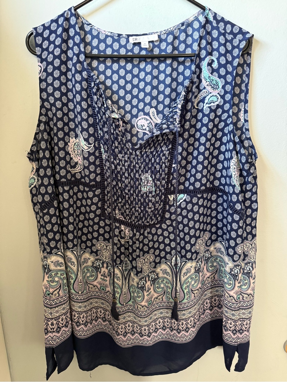 DR2 Navy Paisley Sleeveless V-Neck Tank with Pink & Mint Accents